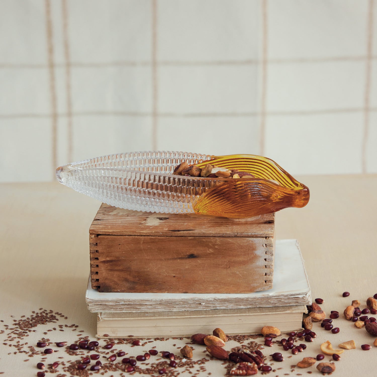 Hand-Painted Glass Corn Shaped Dish, Amber Color & Clear