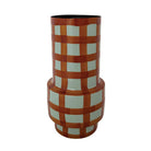 Enameled Metal Vase with Grid Pattern, Light Blue & Rust Color