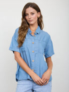 Chambray Button Down Side Slit Short Sleeve Top
