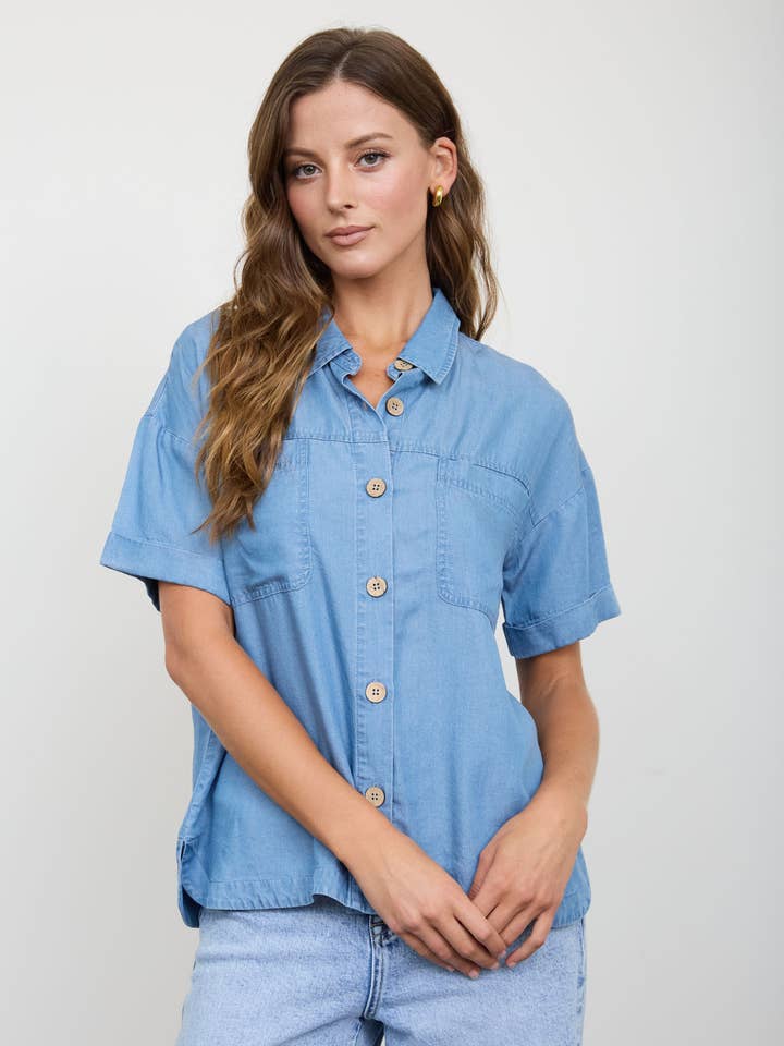 Chambray Button Down Side Slit Short Sleeve Top