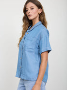 Chambray Button Down Side Slit Short Sleeve Top