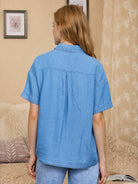 Chambray Button Down Side Slit Short Sleeve Top
