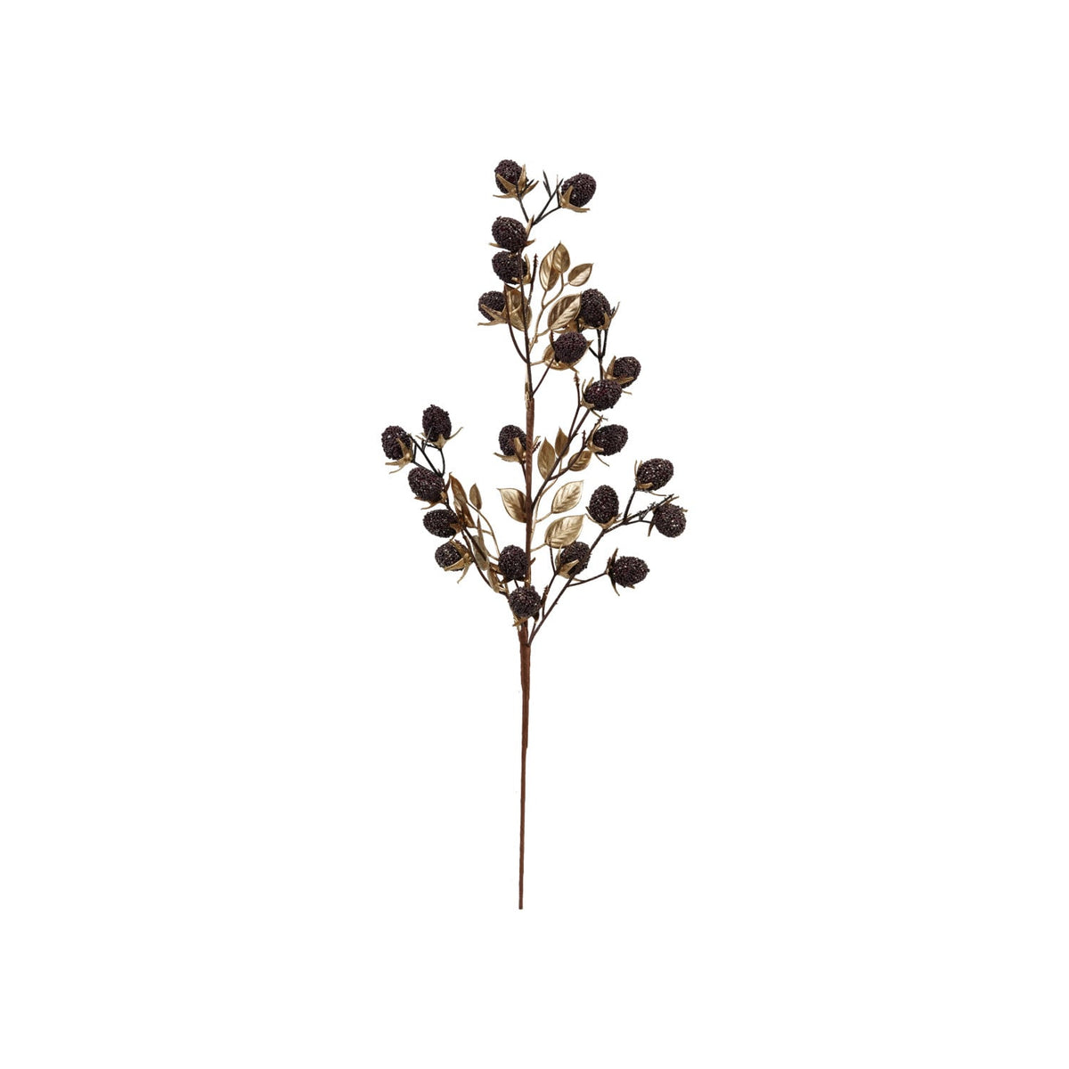 Faux Berry & Leaves Stem with Glitter, Gold Finish & Burgundy