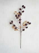 Faux Berry & Leaves Stem with Glitter, Gold Finish & Burgundy