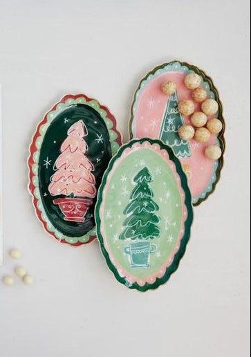 Enameled Metal Scalloped Tray with Tree & Gold Edge, 3 Styles e
