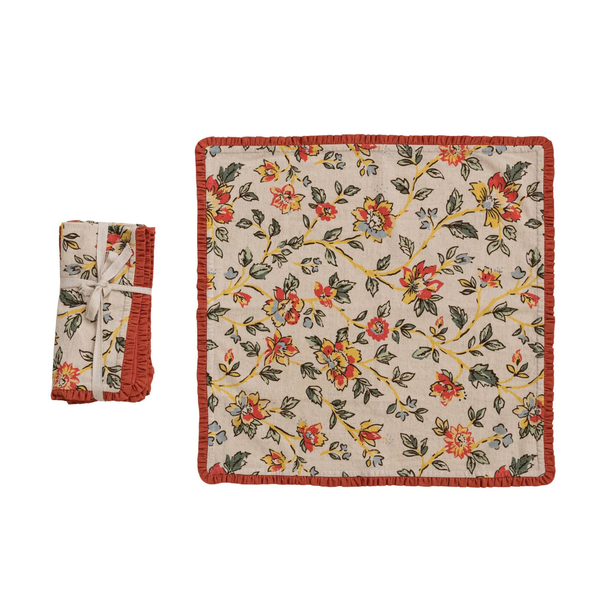Cotton & Linen Printed Napkins, Set of 4 Tied with Cotton Tape