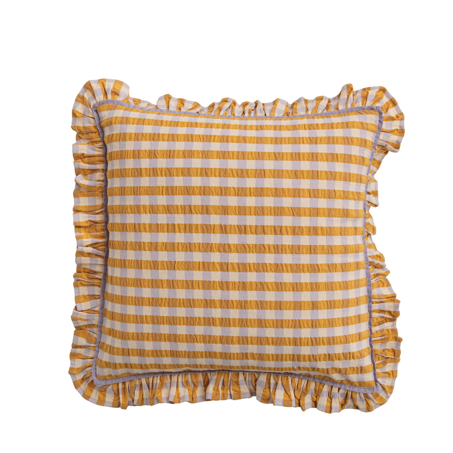 18" Square Cotton Pillow with Check Pattern & Ruffle