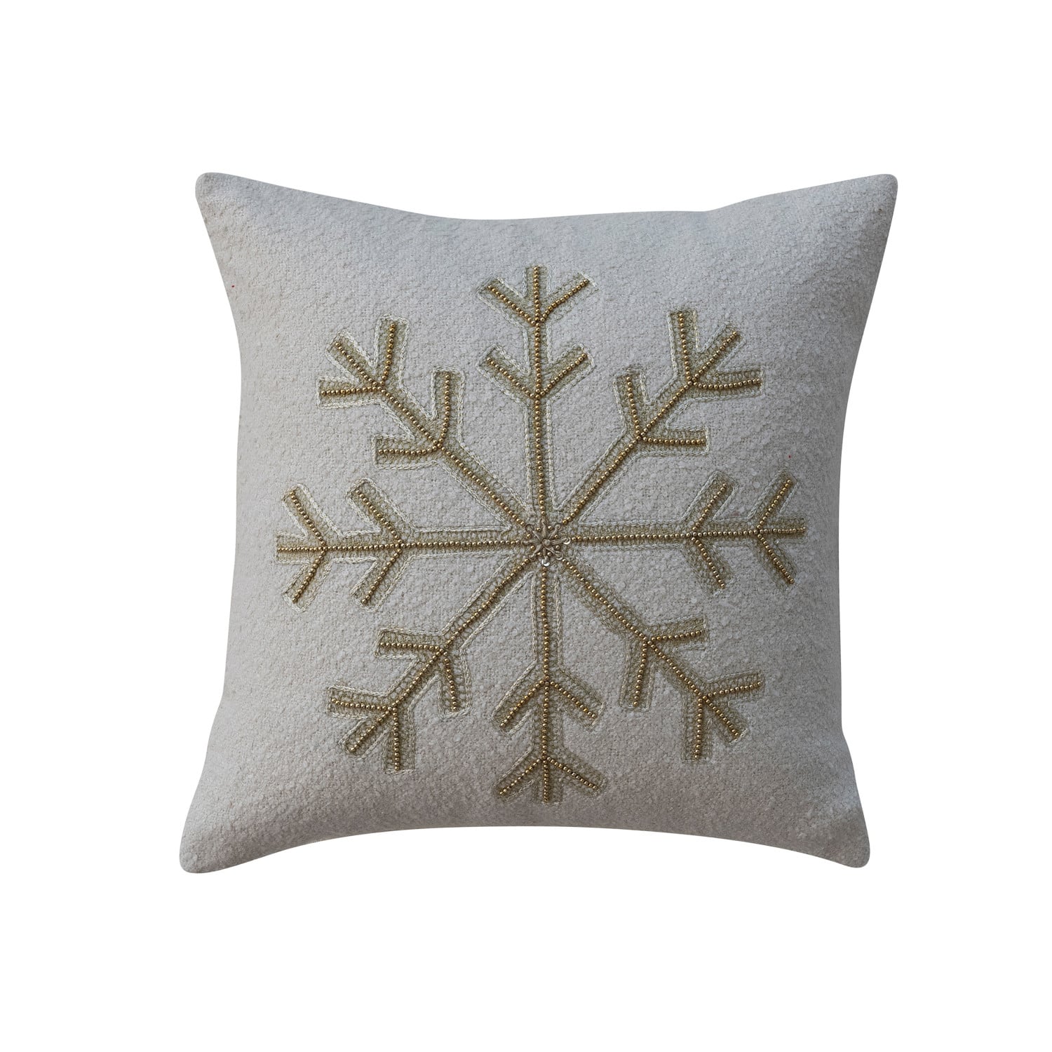 18" Square Cotton Boucle Pillow with Embroidered Snowflake & Beads, Cream & Gold Color