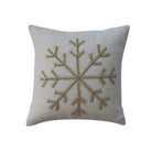 18" Square Cotton Boucle Pillow with Embroidered Snowflake & Beads, Cream & Gold Color