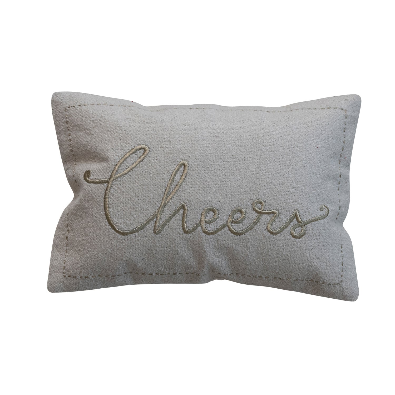 Cotton & Fabric Blend Lumbar Pillow with Embroidered Border "Cheers", Cream & Gold Color
