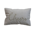 Cotton & Fabric Blend Lumbar Pillow with Embroidered Border "Cheers", Cream & Gold Color