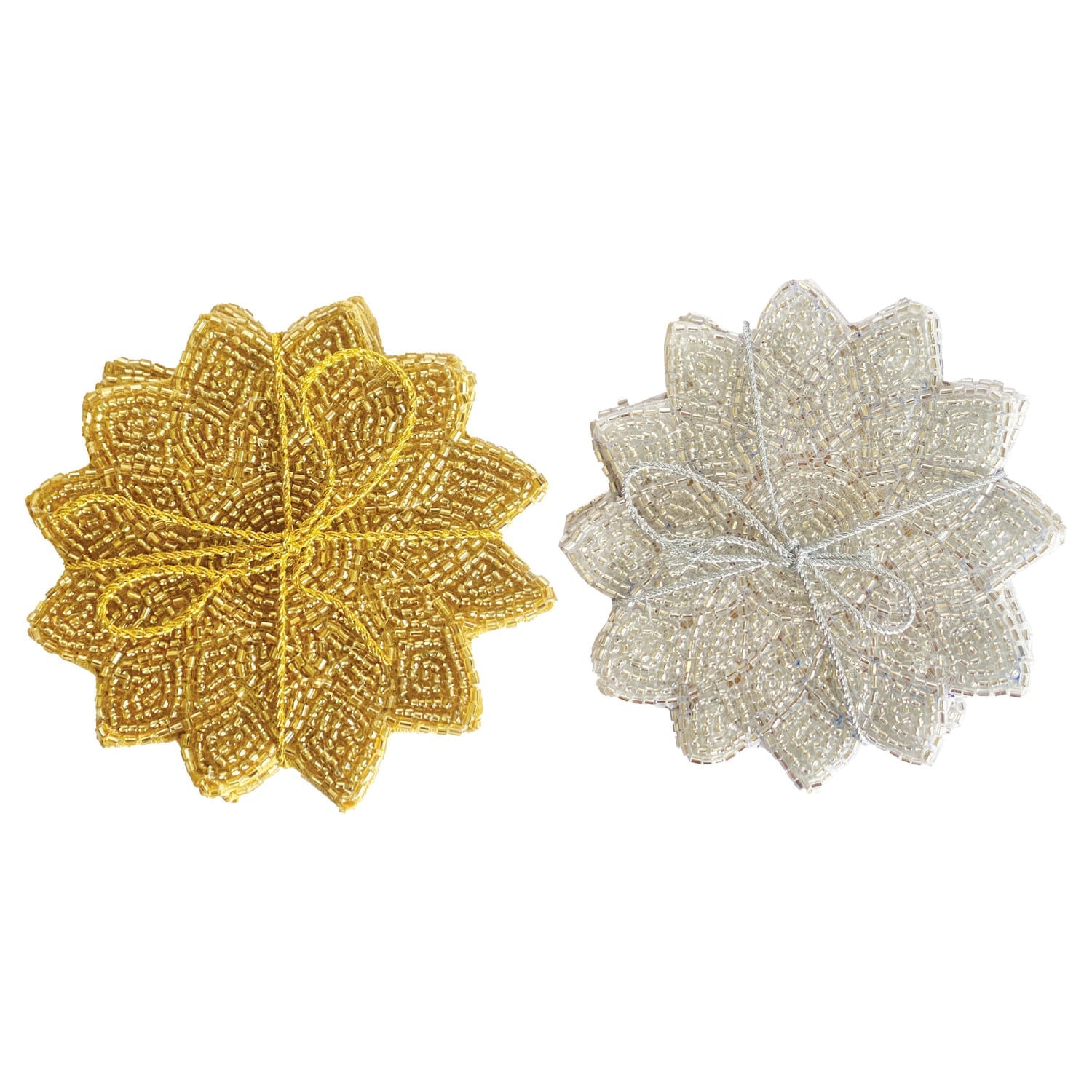 Handmade Beaded Cotton Coasters, Set of 4 Tied with Metallic Cord, 2 Colors