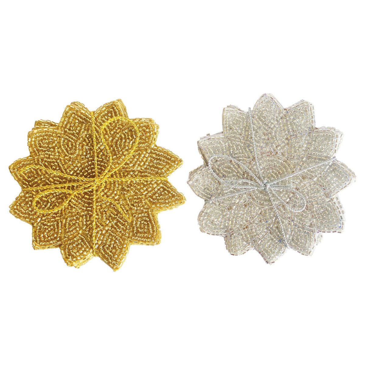Handmade Beaded Cotton Coasters, Set of 4 Tied with Metallic Cord, 2 Colors