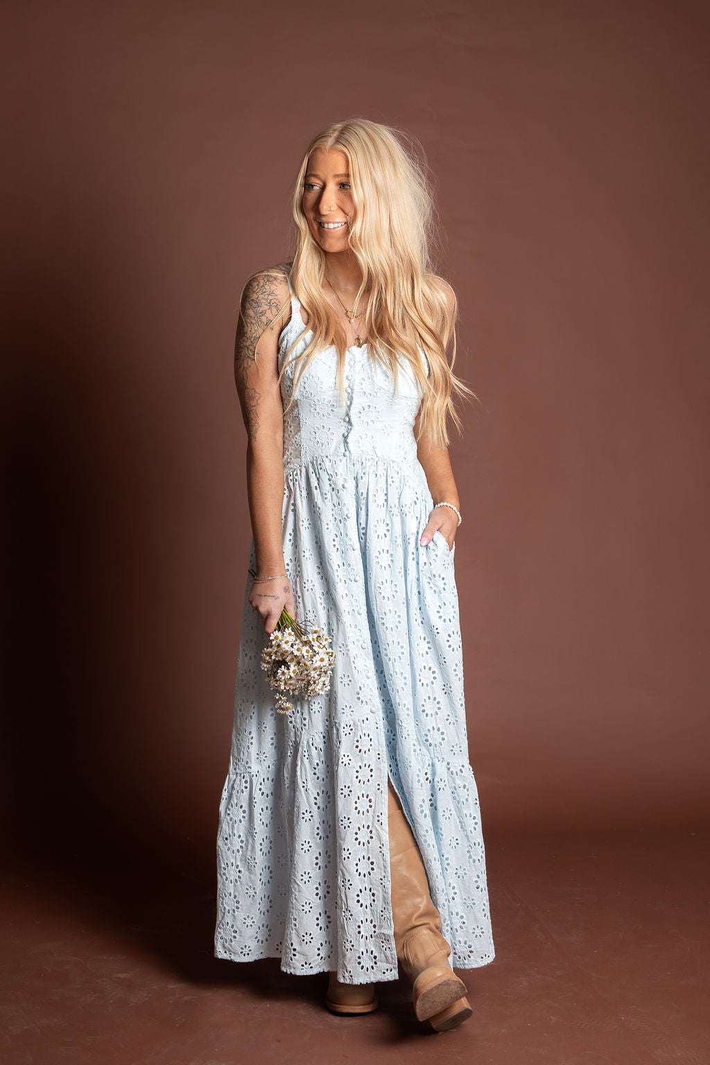 Marjorie Pale Blue Eyelet Maxi Dress M / Pale Blue